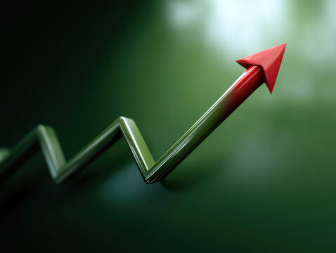 Green graph with upward red arrow showing financial growth, success, and positive trend on dark background