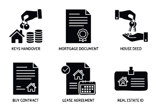 Collection of real estate transaction icons representing keys handover, mortgage, house deed, buy contract, lease agreement, and real estate ID for property services and finance concepts.