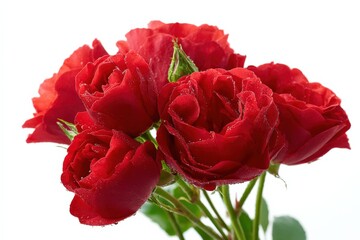 Vibrant red roses with dew drops against white background