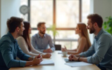 Fototapeta premium Blurry Team Meeting Background - Soft-focus image of a team meeting with blurred surroundings. High quality