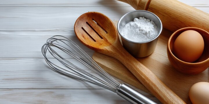 Baking utensils on wooden surface with eggs and flour in metal cup