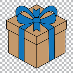 A simple, isometric illustration of a closed cardboard gift box tied with a vibrant blue ribbon and a matching bow xmas.