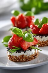 Strawberry and basil canap&eacute;s with cream cheese and sesame topping on crackers
