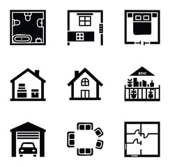 Collection of flat black icons representing home layouts, floor plans, furniture, and architectural elements for real estate or interior design concepts.