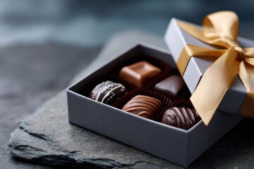 Assorted gourmet chocolates in elegant gift box with golden ribbon