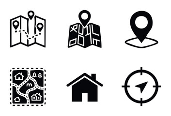 Collection of travel and location icons including maps with pins, a house symbol, and a compass for navigation and destination planning applications