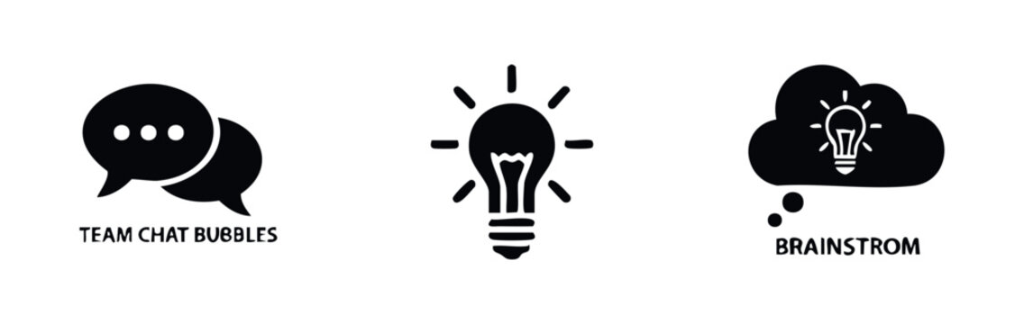 Collection of three black icons representing team communication, ideas, and brainstorming processes for business or technology applications
