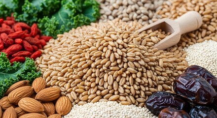 Assortment of healthy food ingredients with grains and nuts