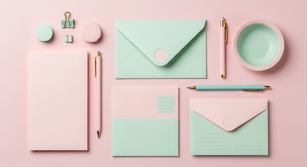 A flat lay of pastel stationery items including envelopes, notebooks, pens, and a small bowl on a pink background.