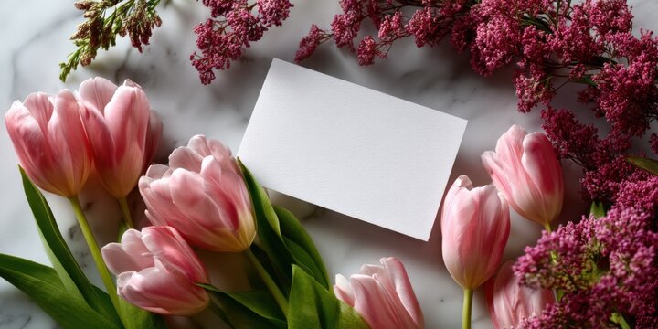 Blank card with pink tulips and purple flowers on marble background