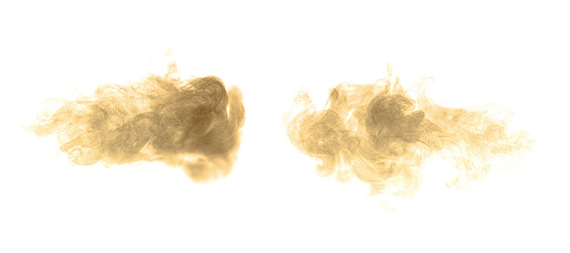 Golden powder smoke clouds swirling on a white background create an abstract luxurious texture, ideal for design elements, decorative backgrounds, beauty concepts, and elegant creative projects.