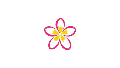 Stylized plumeria blossom with pink outline and yellow center, isolated on a white background