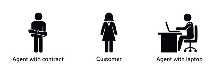 Diverse business roles represented by simple icons agent with contract, customer, and agent with laptop, suitable for corporate presentations and professional services marketing.
