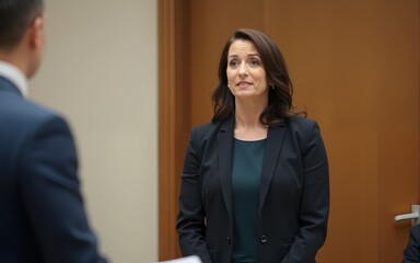 Businesswoman Stands To Address Meeting Around Board Table. High quality
