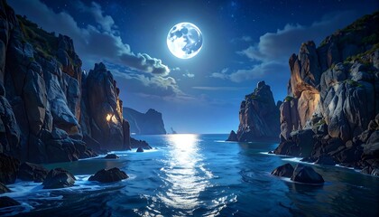 Luminous moon over rocky cliffs, reflecting light on the tranquil sea under a starry night sky