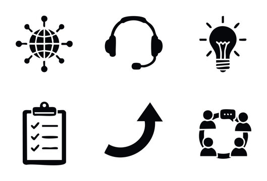 Set of six graphic icons representing global connection, customer support, innovation, task management, growth, and teamwork for business presentations.