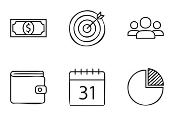Set of financial and business icons including money, target, team, wallet, calendar and pie chart for presentations and planning.