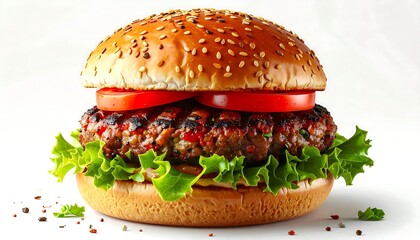 Appetizing hamburger on a white backdrop featuring layers of fresh lettuce, sliced tomatoes, and sesame seed bun