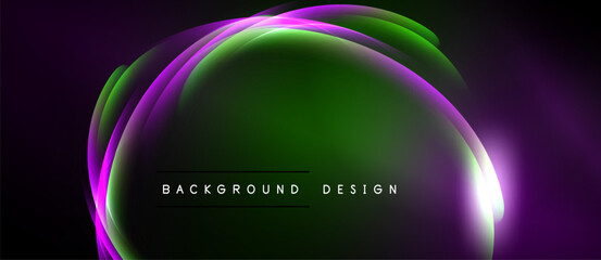 Abstract neon layers create vibrant oval shape. Dark background emphasizes glowing purple, green hues. Modern design element.