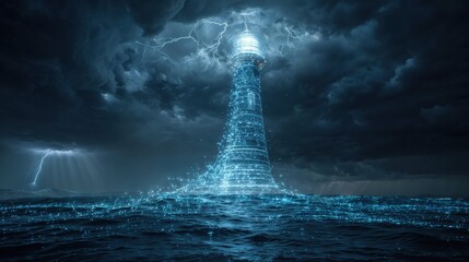 Lighthouse illuminates dark stormy ocean with glowing particles and dramatic lightning