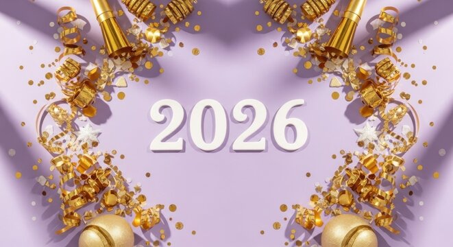 New year 2026 celebration with glittering gold decorations on purple