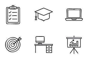Set of six simple line icons representing education, business, and work tools for corporate websites and educational materials