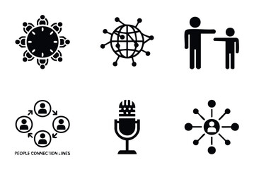 Collection of diverse icons representing global networking, team collaboration, communication, and social connections for business and technology applications