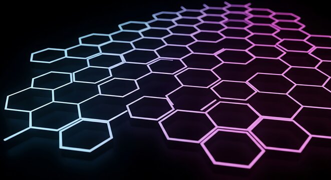 Abstract hexagonal molecular structure with a gradient of neon blue to pink light on a dark background.