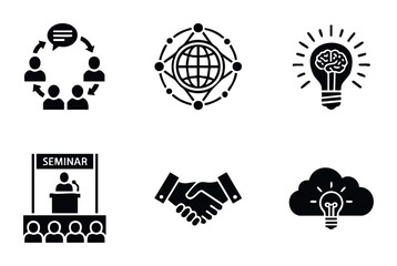 Collection of business and collaboration icons depicting teamwork ideas communication global networking seminar and partnership for corporate presentations and web use
