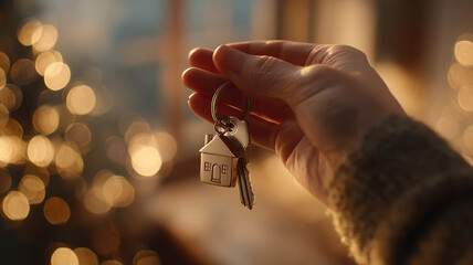 Close Up Hand Holding House Keys With Home Keychain Against Warm Bokeh Lights Background Real Estate