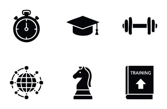 Collection of six black business and education icons for website use including stopwatch graduation cap dumbbell global network chess knight and training book