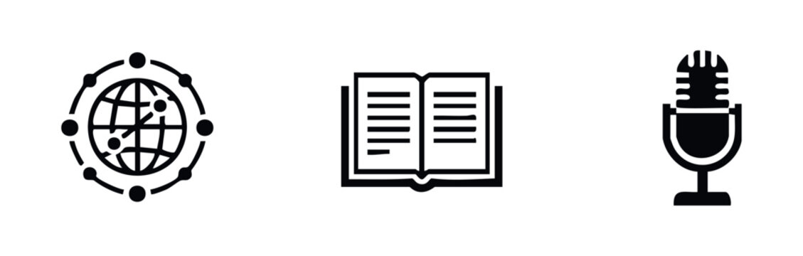 Collection of simple icons representing global connections, knowledge, and broadcasting, ideal for technology, education, and media platforms.