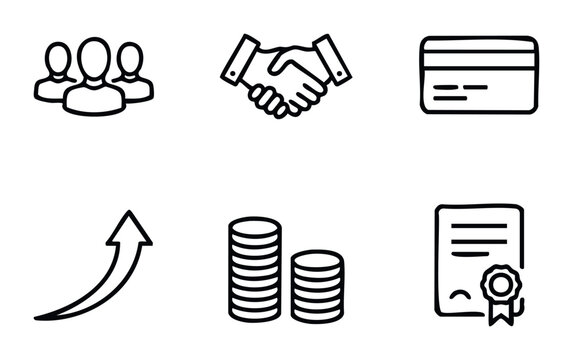 Collection of six business and finance icons including people group handshake credit card growth graph coins and certificate for use in presentations websites and apps