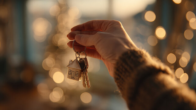 Close Up Hand Holding House Keys With Home Keychain Against Warm Bokeh Lights Background Real Estate - Powered by Adobe