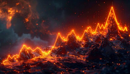 A jagged, dark landscape is overlaid with a glowing orange line graph set against a stormy sky