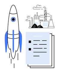 Rocket launching, factory emitting smoke, and pages of a document symbolize progress, innovation, and collaboration. Ideal for technology, research, industry, growth teamwork advancement