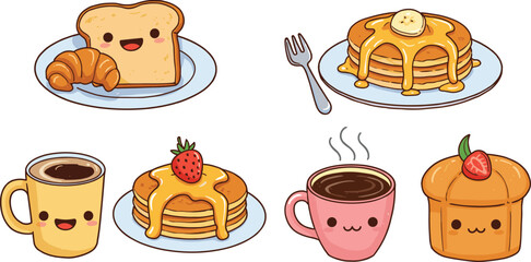 Cute kawaii breakfast food illustration set featuring toast, croissant, pancakes, coffee cups, and sweet cartoon characters in playful style