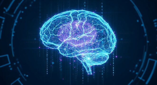 A glowing, futuristic digital representation of a human brain with intricate neural connections and pulsating light.