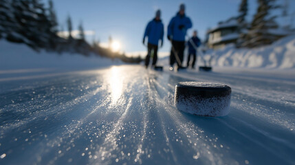 Dynamic outdoor winter sports composition of curling with players in jackets sweeping ice, sliding stones toward the target, breath visible in cold air, snow-dusted environment, and glowing sunrise am