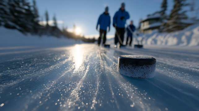 Dynamic outdoor winter sports composition of curling with players in jackets sweeping ice, sliding stones toward the target, breath visible in cold air, snow-dusted environment, and glowing sunrise am