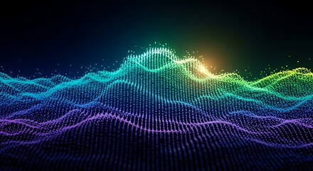 Abstract digital landscape of glowing particles forming undulating waves in vibrant neon colors.