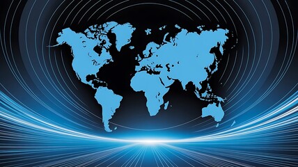 Blue world map on dark background with light streaks and concentric circles global earth