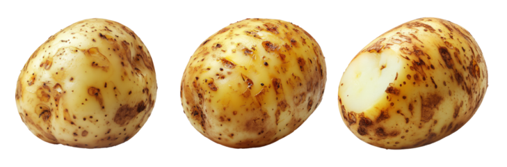 Potato with skin imperfections, isolated on white transparent background, concept of natural produce.