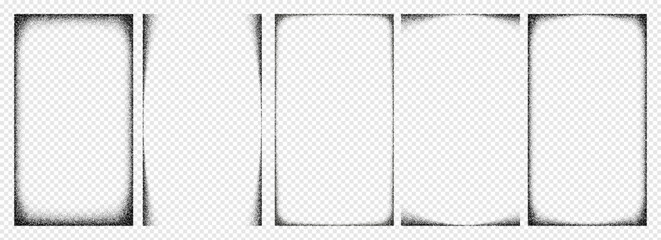 Set of vertical gradient noise background with fade grainy effect dust. Realistic transparent overlays with gritty stipple textures. Vector retro aesthetic frames