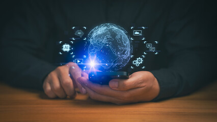 Person using a smartphone with a glowing digital globe and AI icons, representing global connectivity, artificial intelligence, data integration, smart technology, and advanced mobile innovation.