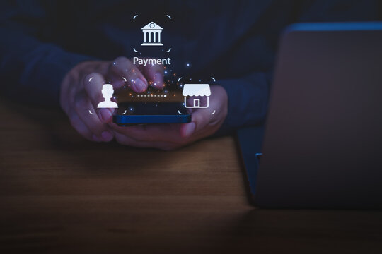 User making a digital payment on a smartphone with bank icon, person, and store, symbolizing online transaction, fintech service, mobile commerce, transfer money, and secure financial operation.