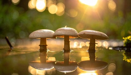 The fresh and natural mushrooms of the forest are in season and in the concept of the mystical forest texture with their reflections on the water's edge.