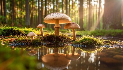 The fresh and natural mushrooms of the forest are in season and in the concept of the mystical forest texture with their reflections on the water's edge.