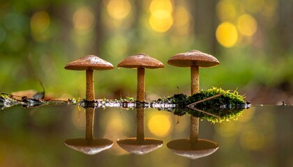 The fresh and natural mushrooms of the forest are in season and in the concept of the mystical forest texture with their reflections on the water's edge.