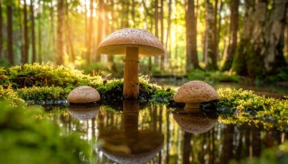 The fresh and natural mushrooms of the forest are in season and in the concept of the mystical forest texture with their reflections on the water's edge.